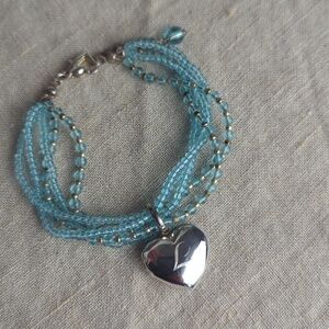 Vintage Blue Glass Beaded Bracelet Heart Locket Multi Strand